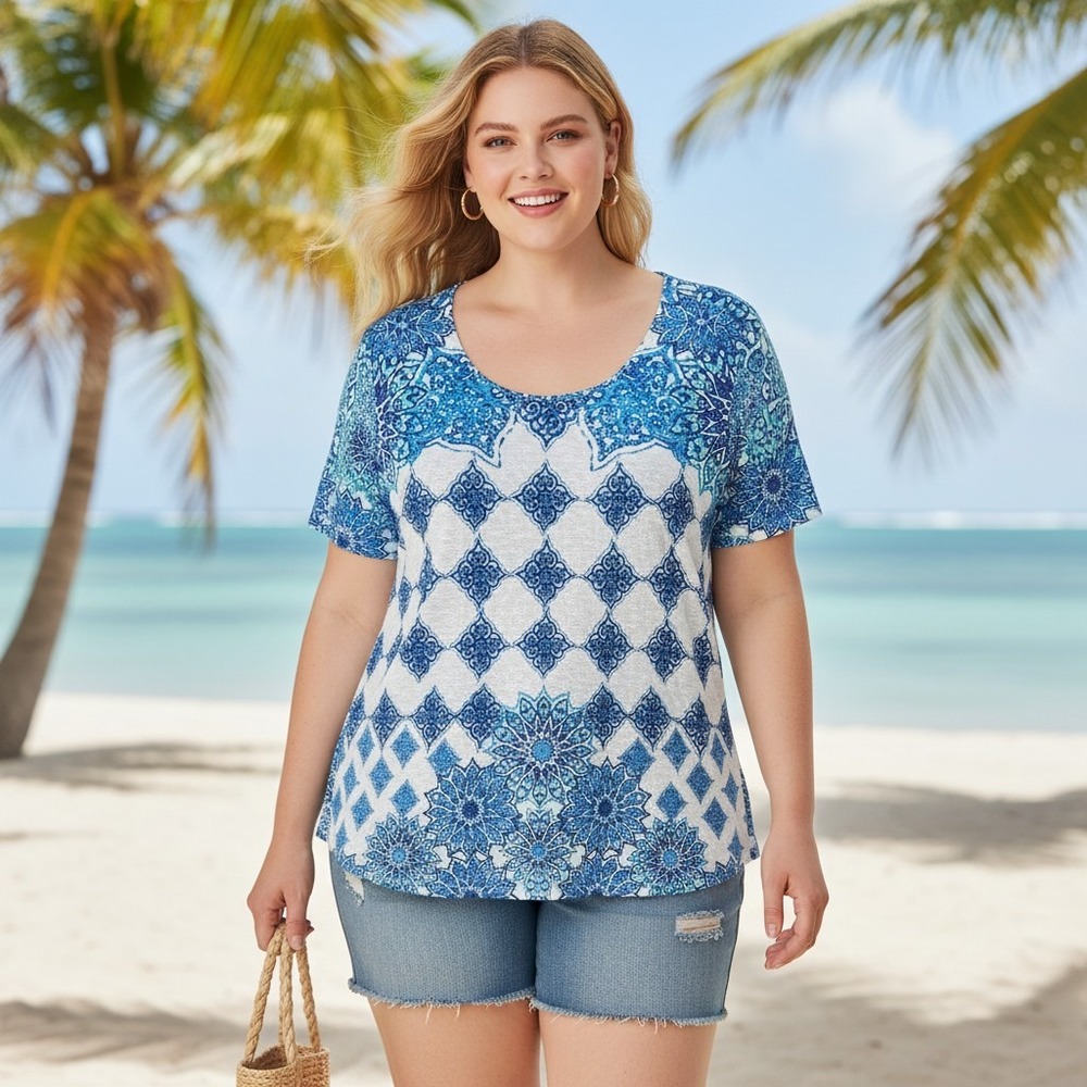 Coral Bay Woman Blue White Medallion Print Rhinestone Top 2X 730N29A82D